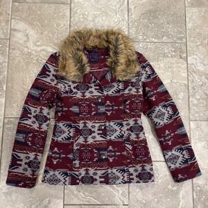 Cowgirl Legend Southwestern Aztec Print Jacket Burgundy Faux Fur Collar Sz M